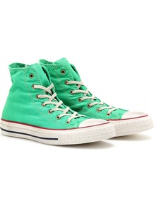 Chuck Taylor Well Worn All Star High Tops - predominant colour: emerald green; occasions: casual, holiday; material: fabric; heel height: flat; toe: round toe; style: trainers; finish: plain; pattern: plain