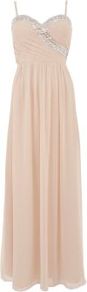 Paper Doll Cream Diamante Sweetheart Maxi Prom Dress - style: ballgown; sleeve style: spaghetti straps; bust detail: added detail/embellishment at bust; neckline: sweetheart; waist detail: twist front waist detail/nipped in at waist on one side/soft pleats/draping/ruching/gathering waist detail; predominant colour: nude; occasions: evening, occasion; length: floor length; fit: fitted at waist & bust; fibres: polyester/polyamide - 100%; hip detail: soft pleats at hip/draping at hip/flared at hip; sleeve length: sleeveless; texture group: sheer fabrics/chiffon/organza etc.; pattern type: fabric; pattern size: small & light; pattern: diamonds; embellishment: crystals