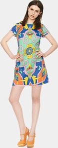 Printed Shift Dress, Green - style: shift; length: mid thigh; neckline: round neck; occasions: casual, evening; fit: straight cut; fibres: cotton - mix; predominant colour: multicoloured; sleeve length: short sleeve; sleeve style: standard; texture group: structured shiny - satin/tafetta/silk etc.; pattern type: fabric; pattern size: big & busy; pattern: patterned/print