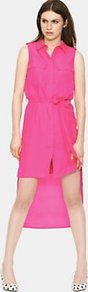 Dip Hem Shirt Dress, Pink - style: shirt; neckline: shirt collar/peter pan/zip with opening; fit: fitted at waist; pattern: plain; sleeve style: sleeveless; bust detail: pocket detail at bust; waist detail: belted waist/tie at waist/drawstring; predominant colour: pink; occasions: casual, evening; length: just above the knee; fibres: polyester/polyamide - mix; back detail: longer hem at back than at front; sleeve length: sleeveless; texture group: sheer fabrics/chiffon/organza etc.; pattern type: fabric; pattern size: standard
