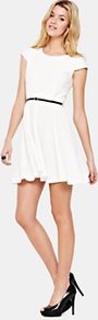 Belted Skater Dress - length: mid thigh; neckline: round neck; sleeve style: capped; pattern: plain; waist detail: belted waist/tie at waist/drawstring; predominant colour: white; occasions: casual, evening; fit: fitted at waist & bust; style: fit & flare; fibres: polyester/polyamide - mix; hip detail: soft pleats at hip/draping at hip/flared at hip; sleeve length: short sleeve; texture group: structured shiny - satin/tafetta/silk etc.; pattern type: fabric; pattern size: standard