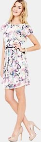 Belted Butterfly Dress, Cream - style: shift; length: mid thigh; neckline: round neck; sleeve style: capped; fit: fitted at waist; waist detail: belted waist/tie at waist/drawstring; predominant colour: white; occasions: casual, evening; fibres: polyester/polyamide - stretch; sleeve length: short sleeve; texture group: sheer fabrics/chiffon/organza etc.; pattern type: fabric; pattern size: big & busy; pattern: patterned/print