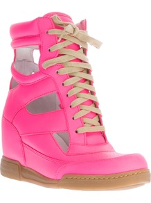 Cut Out Wedge Sneaker - predominant colour: hot pink; occasions: casual, holiday; material: leather; heel height: mid; heel: wedge; toe: round toe; boot length: ankle boot; style: high top; trends: fluorescent, metallics; finish: fluorescent; pattern: plain