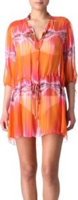 Electric Bay Shirt Dress - style: shirt; length: mini; neckline: shirt collar/peter pan/zip with opening; fit: loose; waist detail: belted waist/tie at waist/drawstring; predominant colour: bright orange; occasions: casual, holiday; fibres: silk - 100%; sleeve length: 3/4 length; sleeve style: standard; texture group: sheer fabrics/chiffon/organza etc.; pattern type: fabric; pattern size: small & light; pattern: patterned/print