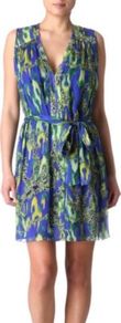 Cobra Day Dress - length: mid thigh; neckline: low v-neck; fit: fitted at waist; sleeve style: sleeveless; style: blouson; waist detail: belted waist/tie at waist/drawstring; bust detail: ruching/gathering/draping/layers/pintuck pleats at bust; predominant colour: royal blue; secondary colour: royal blue; occasions: evening, work, occasion, holiday; fibres: silk - 100%; hip detail: soft pleats at hip/draping at hip/flared at hip; shoulder detail: flat/draping pleats/ruching/gathering at shoulder; sleeve length: sleeveless; texture group: sheer fabrics/chiffon/organza etc.; trends: glamorous day shifts; pattern type: fabric; pattern size: big & busy; pattern: florals
