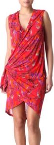 Wrap Front Dress - style: faux wrap/wrap; length: mid thigh; neckline: low v-neck; sleeve style: sleeveless; waist detail: twist front waist detail/nipped in at waist on one side/soft pleats/draping/ruching/gathering waist detail; bust detail: ruching/gathering/draping/layers/pintuck pleats at bust; secondary colour: hot pink; predominant colour: true red; occasions: evening, holiday; fit: body skimming; fibres: polyester/polyamide - stretch; hip detail: ruching/gathering at hip; shoulder detail: flat/draping pleats/ruching/gathering at shoulder; sleeve length: sleeveless; pattern type: fabric; pattern size: big & busy; pattern: florals; texture group: jersey - stretchy/drapey