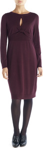 Keyhole Twist Front Dress - style: shift; neckline: round neck; fit: tailored/fitted; pattern: plain; bust detail: knot twist front detail at bust; predominant colour: aubergine; occasions: casual; length: on the knee; fibres: wool - mix; sleeve length: long sleeve; sleeve style: standard; texture group: knits/crochet; pattern type: knitted - fine stitch