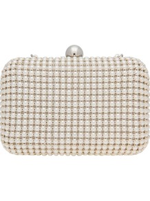 Mettalic Pearl Detail Box Clutch - predominant colour: ivory; occasions: evening, occasion; type of pattern: standard; style: clutch; length: hand carry; size: small; material: plastic/rubber; embellishment: pearls; pattern: plain; finish: plain