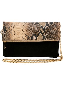 Snake Foldover Clutch - predominant colour: black; occasions: evening, occasion; type of pattern: standard; style: clutch; length: hand carry; size: standard; material: animal skin; pattern: animal print; finish: plain; embellishment: chain/metal