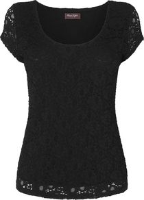 Lace Scoop Neck Top, Black - neckline: round neck; pattern: plain; predominant colour: black; occasions: evening, work; length: standard; style: top; fibres: nylon - mix; fit: body skimming; sleeve length: short sleeve; sleeve style: standard; texture group: lace; pattern type: fabric; pattern size: standard