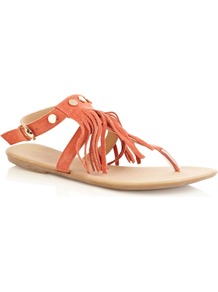 Fringed Suede Stud Sandal, Coral - predominant colour: coral; occasions: casual, holiday; material: suede; heel height: mid; embellishment: tassels; ankle detail: ankle strap; heel: standard; toe: toe thongs; style: flip flops / toe post; finish: plain; pattern: plain