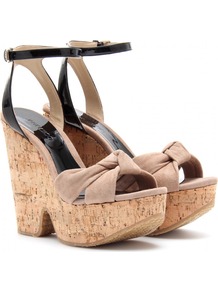 Gleam Platform Sandals - predominant colour: nude; occasions: casual, evening, holiday; material: suede; heel height: high; ankle detail: ankle strap; heel: wedge; toe: open toe/peeptoe; style: standard; finish: plain; pattern: colourblock; embellishment: bow