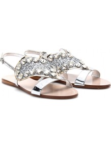 Leather Sandals With Embellished Heart - predominant colour: silver; occasions: casual, evening, occasion, holiday; material: leather; heel height: flat; embellishment: crystals; ankle detail: ankle strap; heel: standard; toe: open toe/peeptoe; style: standard; trends: metallics; finish: metallic; pattern: plain