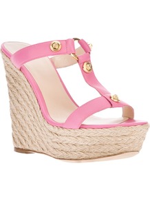 'Medusa' Wedge Sandal - predominant colour: pink; occasions: casual, evening, holiday; material: leather; heel height: high; embellishment: studs; heel: wedge; toe: open toe/peeptoe; style: slides; finish: plain; pattern: plain