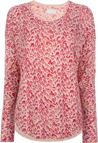 'Kimmy' Leopard Print Top - neckline: round neck; predominant colour: true red; secondary colour: bright orange; occasions: casual, evening; length: standard; style: top; fit: loose; back detail: longer hem at back than at front; fibres: cashmere - 100%; sleeve length: long sleeve; sleeve style: standard; trends: statement prints; pattern type: fabric; pattern size: small & busy; pattern: animal print; texture group: other - light to midweight