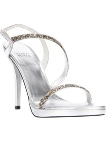 Strappy Sandal - predominant colour: silver; occasions: evening, occasion; material: leather; heel height: high; embellishment: crystals; ankle detail: ankle strap; heel: stiletto; toe: open toe/peeptoe; style: strappy; trends: metallics; finish: metallic; pattern: plain