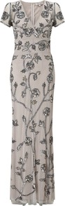 Mesh Beaded Long Dress, Silver - style: faux wrap/wrap; neckline: low v-neck; sleeve style: capped; bust detail: added detail/embellishment at bust; waist detail: fitted waist; predominant colour: silver; occasions: evening, occasion; length: floor length; fit: body skimming; fibres: polyester/polyamide - 100%; shoulder detail: asymmetric shoulder detail/one shoulder; sleeve length: short sleeve; texture group: sheer fabrics/chiffon/organza etc.; pattern type: fabric; pattern size: big & busy; pattern: patterned/print; embellishment: beading