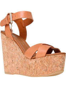 Contra Leather Cork Wedge Sandals - predominant colour: tan; occasions: casual, evening, holiday; material: leather; heel height: high; ankle detail: ankle strap; heel: wedge; toe: open toe/peeptoe; style: standard; finish: plain; pattern: plain