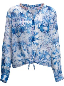 Rosalee Top, Multi - neckline: v-neck; style: blouse; waist detail: belted waist/tie at waist/drawstring; occasions: casual, holiday; length: standard; fibres: polyester/polyamide - 100%; fit: loose; predominant colour: multicoloured; sleeve length: long sleeve; sleeve style: standard; texture group: sheer fabrics/chiffon/organza etc.; trends: statement prints; pattern type: fabric; pattern size: big & busy; pattern: patterned/print; embellishment: beading