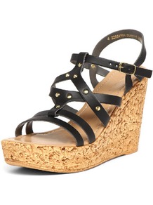 Black Stud Detail Wedges - predominant colour: black; occasions: casual, evening, holiday; material: faux leather; heel height: high; embellishment: studs; ankle detail: ankle strap; heel: wedge; toe: open toe/peeptoe; style: strappy; finish: plain; pattern: plain