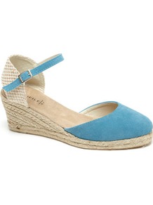 Turquoise Espadrille Style Wedge Sandal - predominant colour: turquoise; occasions: casual, holiday; material: fabric; heel height: mid; embellishment: buckles; ankle detail: ankle strap; heel: wedge; toe: open toe/peeptoe; style: standard; finish: plain; pattern: plain