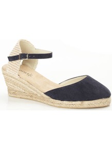 Navy Espadrille Style Wedge Sandal - predominant colour: navy; occasions: casual, holiday; material: faux leather; heel height: mid; ankle detail: ankle strap; heel: wedge; toe: round toe; style: courts; finish: plain; pattern: plain