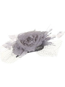 Josephine - predominant colour: silver; occasions: evening, occasion; type of pattern: standard; style: fascinator; size: standard; material: sinamay; pattern: plain; embellishment: corsage