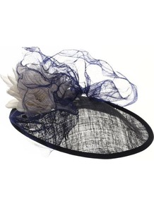 Princess - predominant colour: navy; occasions: occasion; style: fascinator; size: standard; material: sinamay; pattern: two-tone; embellishment: corsage