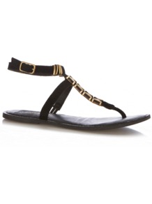 Lena Sandal - predominant colour: black; occasions: casual, holiday; material: leather; heel height: flat; ankle detail: ankle strap; heel: standard; toe: toe thongs; style: flip flops / toe post; finish: plain; pattern: plain; embellishment: chain/metal