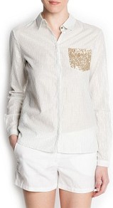 Sequined Pocket Striped Shirt - neckline: shirt collar/peter pan/zip with opening; style: shirt; bust detail: pocket detail at bust; pattern: pinstripe; predominant colour: pistachio; occasions: casual; length: standard; fibres: cotton - mix; fit: straight cut; sleeve length: long sleeve; sleeve style: standard; texture group: cotton feel fabrics; pattern type: fabric; pattern size: small & light; embellishment: sequins