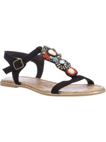 Beaded Tribal Sandals - predominant colour: black; occasions: casual, holiday; material: fabric; heel height: flat; embellishment: beading; ankle detail: ankle strap; heel: standard; toe: open toe/peeptoe; style: gladiators; finish: plain; pattern: plain