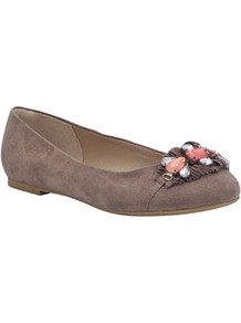 Wide Fit Jewelled Pumps - predominant colour: taupe; occasions: casual, evening, work; material: suede; heel height: flat; embellishment: beading; toe: round toe; style: ballerinas / pumps; finish: plain; pattern: plain