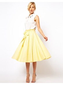 Linen Midi Skirt With Belt - length: below the knee; pattern: plain; fit: loose/voluminous; style: pleated; waist: high rise; waist detail: belted waist/tie at waist/drawstring; predominant colour: primrose yellow; occasions: casual, evening, holiday; fibres: linen - mix; texture group: cotton feel fabrics