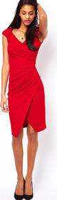 Pencil Dress With Ruched Wrap - style: faux wrap/wrap; neckline: low v-neck; sleeve style: capped; pattern: plain; waist detail: twist front waist detail/nipped in at waist on one side/soft pleats/draping/ruching/gathering waist detail; predominant colour: true red; occasions: evening; length: just above the knee; fit: body skimming; fibres: polyester/polyamide - stretch; sleeve length: sleeveless; pattern type: fabric; texture group: jersey - stretchy/drapey