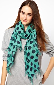 Super Spot Scarf - predominant colour: turquoise; occasions: casual, work, holiday; type of pattern: standard; style: regular; size: standard; material: fabric; embellishment: fringing; pattern: polka dot