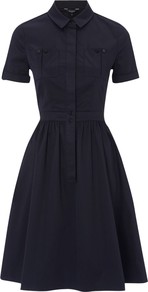 Avilla Dress, Navy - neckline: shirt collar/peter pan/zip with opening; pattern: plain; waist detail: fitted waist; predominant colour: navy; occasions: casual; length: just above the knee; fit: fitted at waist & bust; style: fit & flare; fibres: cotton - stretch; hip detail: structured pleats at hip; sleeve length: short sleeve; sleeve style: standard; texture group: cotton feel fabrics; pattern type: fabric