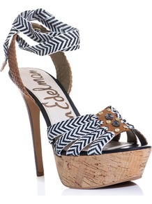 Mela Striped Embellished Platform - secondary colour: tan; occasions: evening, occasion, holiday; material: fabric; embellishment: beading; ankle detail: ankle strap; heel: platform; toe: open toe/peeptoe; style: strappy; predominant colour: monochrome; trends: modern geometrics; finish: plain; pattern: striped; heel height: very high
