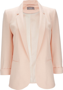 Pink Jacket - pattern: plain; style: single breasted blazer; length: below the bottom; collar: standard lapel/rever collar; predominant colour: blush; occasions: evening, work, occasion, holiday; fit: tailored/fitted; fibres: polyester/polyamide - stretch; sleeve length: 3/4 length; sleeve style: standard; texture group: cotton feel fabrics; collar break: low/open; pattern type: fabric