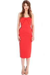 Alves Dress - style: shift; length: below the knee; fit: tailored/fitted; pattern: plain; sleeve style: sleeveless; bust detail: added detail/embellishment at bust; waist detail: fitted waist; neckline: sweetheart; hip detail: fitted at hip; predominant colour: true red; fibres: viscose/rayon - stretch; occasions: occasion; sleeve length: sleeveless; texture group: crepes; pattern type: fabric