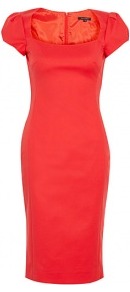 Red Cotton Satin Stretch Cap Sleeve Dress - style: shift; length: below the knee; neckline: high square neck; sleeve style: puffed; fit: tailored/fitted; waist detail: fitted waist; predominant colour: true red; occasions: casual, evening, work, occasion; fibres: cotton - mix; sleeve length: short sleeve; texture group: structured shiny - satin/tafetta/silk etc.; pattern type: fabric; pattern size: standard