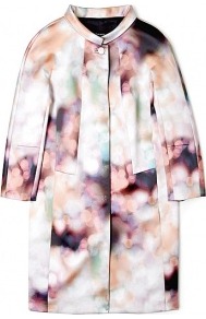 By Night Print Coat - collar: round collar/collarless; style: single breasted; fit: slim fit; length: mid thigh; occasions: casual, evening, occasion; fibres: polyester/polyamide - stretch; predominant colour: multicoloured; sleeve length: 3/4 length; sleeve style: standard; texture group: structured shiny - satin/tafetta/silk etc.; collar break: high; pattern type: fabric; pattern size: standard; pattern: patterned/print