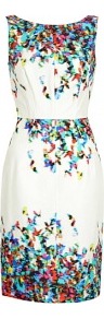 Green Water Morning Butterfly Print Sleeveless Dress Tara - style: shift; neckline: round neck; fit: tailored/fitted; sleeve style: sleeveless; waist detail: fitted waist; back detail: low cut/open back; predominant colour: white; occasions: evening, occasion; length: just above the knee; fibres: cotton - mix; sleeve length: sleeveless; texture group: silky - light; pattern type: fabric; pattern size: small & busy; pattern: patterned/print