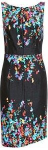 Black Morning Butterfly Print Sleeveless Dress Tara Jarmo - style: shift; neckline: slash/boat neckline; fit: tailored/fitted; sleeve style: sleeveless; waist detail: fitted waist; back detail: low cut/open back; predominant colour: black; occasions: evening, work, occasion; length: just above the knee; fibres: cotton - mix; sleeve length: sleeveless; texture group: structured shiny - satin/tafetta/silk etc.; trends: glamorous day shifts; pattern type: fabric; pattern size: big & busy; pattern: patterned/print