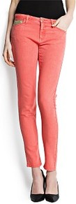 Sequin Slim Fit Jeans - style: skinny leg; pattern: plain; waist: low rise; pocket detail: traditional 5 pocket; predominant colour: coral; secondary colour: gold; occasions: casual, evening, holiday; length: ankle length; texture group: denim; pattern type: fabric; embellishment: sequins; fibres: cashmere - stretch