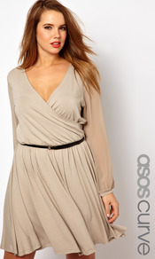 Curve Wrap Dress With Chiffon Sleeves - style: faux wrap/wrap; length: mid thigh; neckline: low v-neck; fit: fitted at waist; pattern: plain; waist detail: belted waist/tie at waist/drawstring; predominant colour: stone; occasions: casual, evening; fibres: viscose/rayon - stretch; sleeve length: long sleeve; sleeve style: standard; texture group: sheer fabrics/chiffon/organza etc.; pattern type: fabric