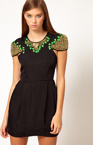 Broke The Bank Dress - style: shift; length: mini; sleeve style: capped; pattern: plain; bust detail: added detail/embellishment at bust; waist detail: fitted waist; predominant colour: navy; occasions: evening, occasion; fit: fitted at waist & bust; fibres: viscose/rayon - 100%; neckline: crew; hip detail: structured pleats at hip; shoulder detail: added shoulder detail; sleeve length: short sleeve; texture group: crepes; pattern type: fabric; pattern size: standard; embellishment: beading