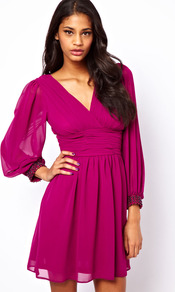 Blouson Sleeve Wrap Dress With Embellished Cuff - style: faux wrap/wrap; length: mid thigh; neckline: low v-neck; fit: fitted at waist; pattern: plain; waist detail: wide waistband/cummerbund; back detail: low cut/open back; sleeve style: balloon; predominant colour: magenta; occasions: evening, occasion; fibres: polyester/polyamide - 100%; hip detail: soft pleats at hip/draping at hip/flared at hip; sleeve length: long sleeve; texture group: sheer fabrics/chiffon/organza etc.; trends: volume; pattern type: fabric; embellishment: jewels