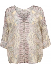 Verity Top - neckline: v-neck; sleeve style: dolman/batwing; pattern: paisley; predominant colour: primrose yellow; occasions: casual, holiday; length: standard; style: top; fibres: silk - 100%; fit: loose; sleeve length: 3/4 length; texture group: sheer fabrics/chiffon/organza etc.; pattern type: fabric; pattern size: big & busy