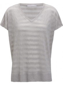 Denisse Jumper - neckline: v-neck; sleeve style: dolman/batwing; pattern: horizontal stripes; style: standard; predominant colour: light grey; occasions: casual, work; length: standard; fibres: linen - mix; fit: standard fit; sleeve length: short sleeve; texture group: knits/crochet; pattern type: knitted - fine stitch; pattern size: standard