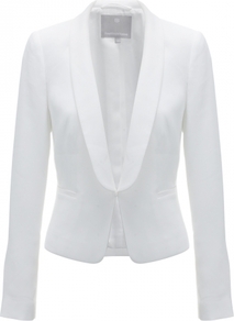 Alicia Jacket - pattern: plain; style: single breasted blazer; collar: standard lapel/rever collar; predominant colour: white; occasions: evening, occasion; length: standard; fit: tailored/fitted; fibres: polyester/polyamide - 100%; waist detail: fitted waist; sleeve length: long sleeve; sleeve style: standard; trends: tuxedo; collar break: low/open; pattern type: fabric; pattern size: standard; texture group: woven light midweight